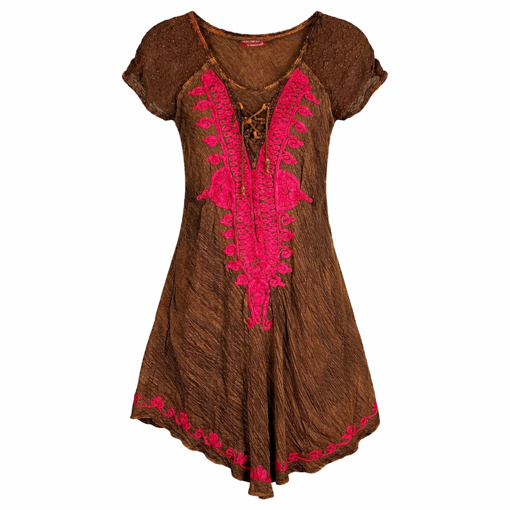 Royal Moda Brown Boho Embroidered Tunic Embroidery Lace-Up Peasant Dress | Small